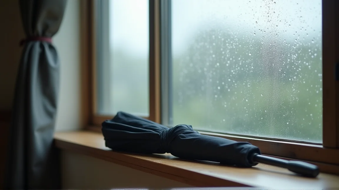 雨上がりの窓辺に置かれた傘と水滴
