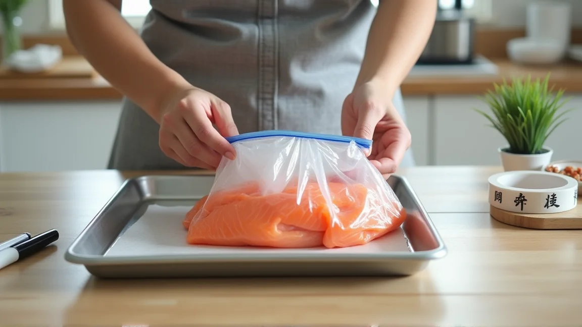 ラップで包んださんまを冷凍用保存袋に並べる手元