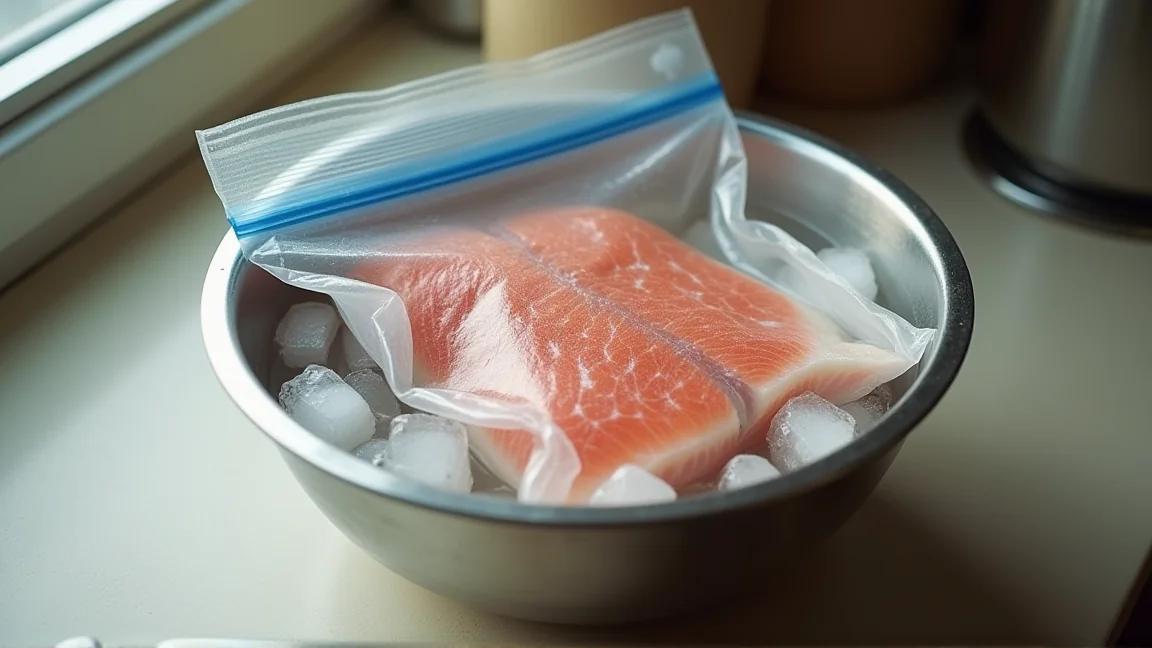 氷水に沈めた保存袋でさんまを解凍している様子
