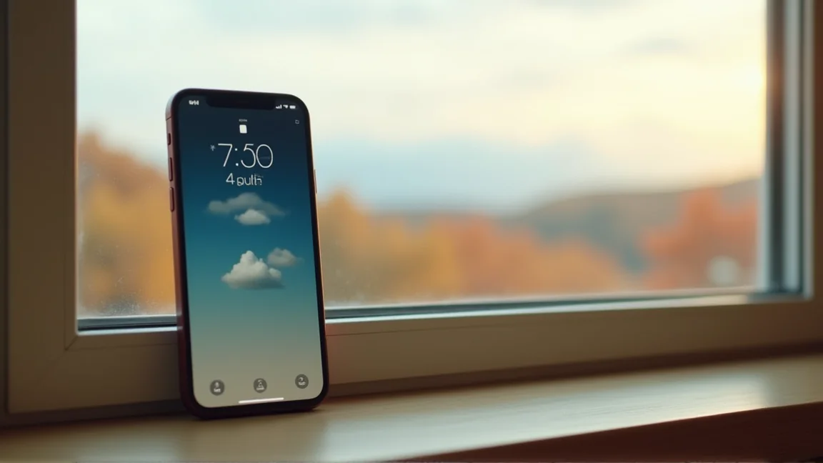 スマートフォンの時間別天気予報と窓際の秋の空