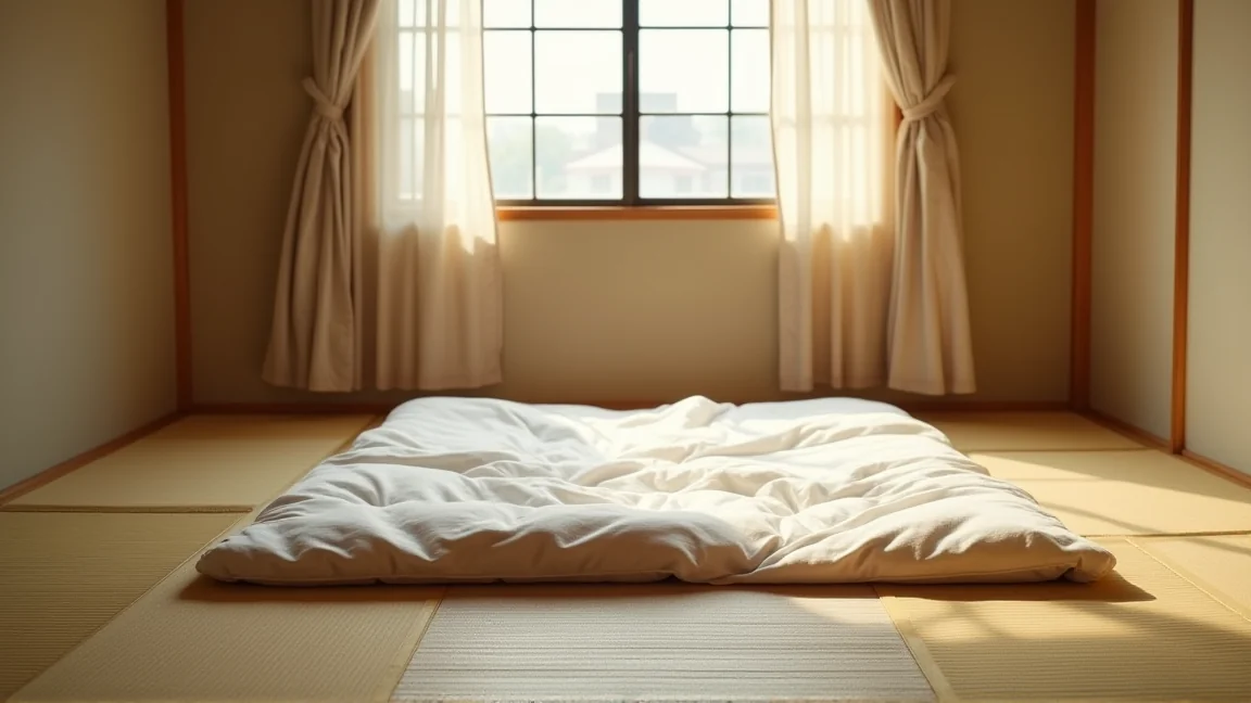 取り込んだ布団を室内で広げて熱を逃がしている様子