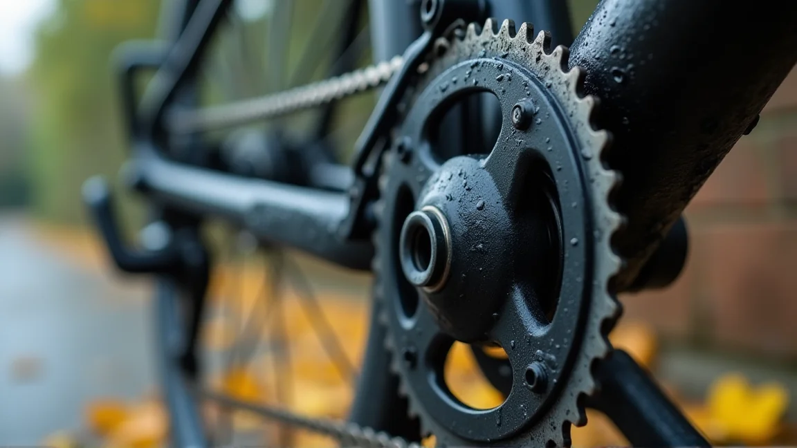 秋の雨上がりに濡れた自転車のチェーンとギア