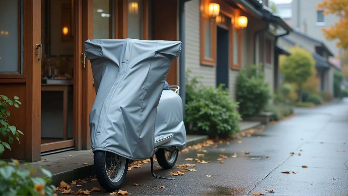 屋外の駐輪場でカバーをかけた自転車