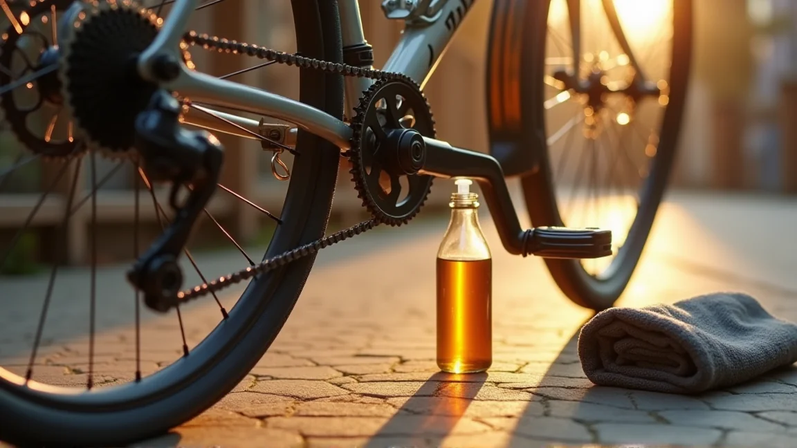 手入れを終えた自転車のチェーンとオイルの道具