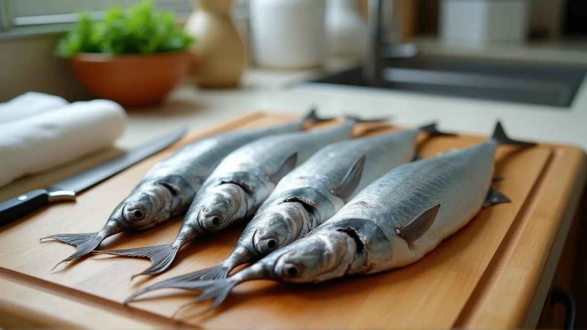 まな板の上に並べた秋刀魚と包丁、キッチンペーパー