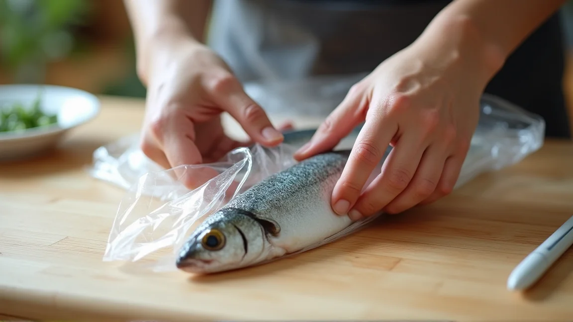 下処理した秋刀魚を1尾ずつラップで包む手元