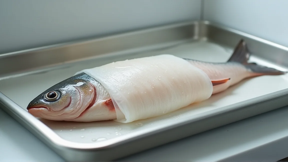 冷蔵庫の棚でバットにのせて半解凍している魚