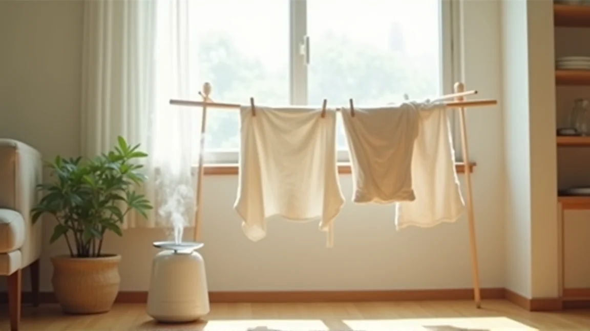 加湿器と部屋干しの洗濯物がある明るいリビングの一角