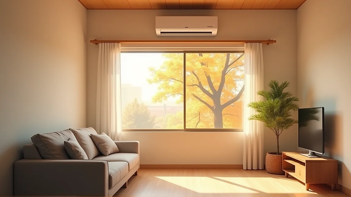 秋の朝の窓辺とエアコンのある部屋