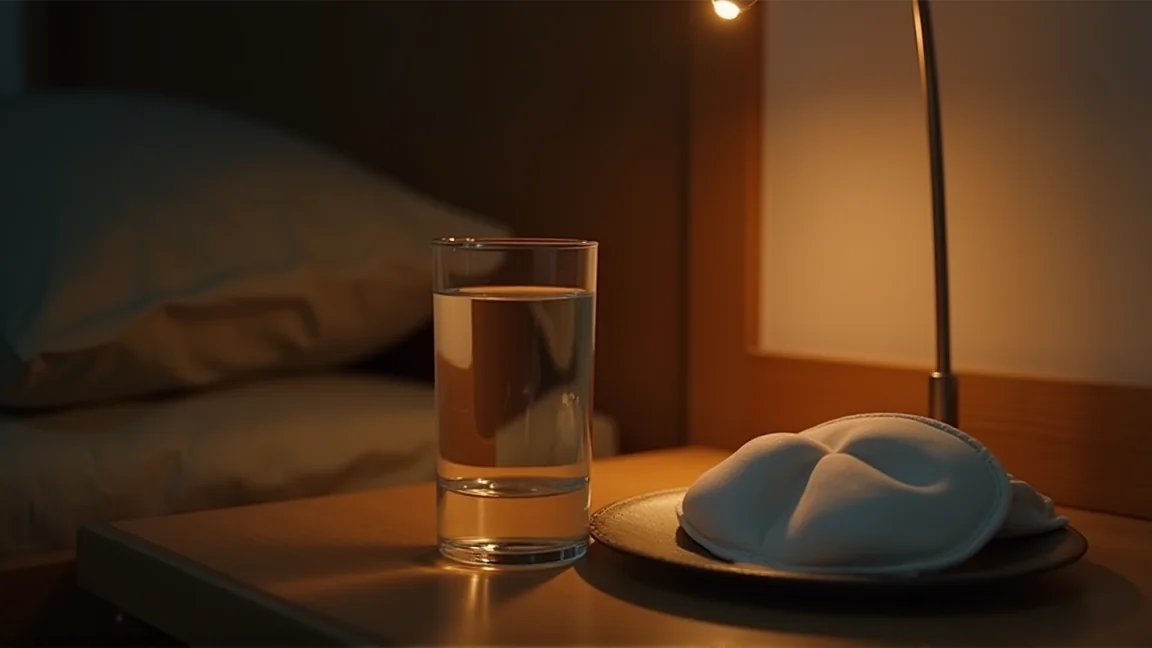 枕元のコップの水と就寝用マスク