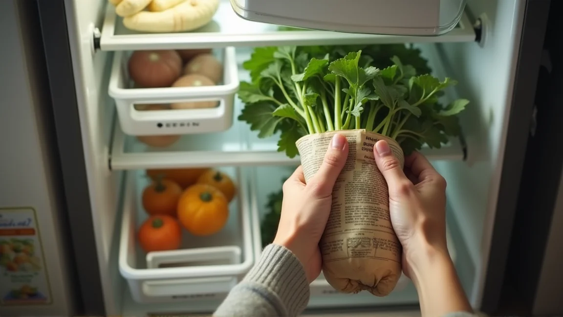 新聞紙で包んだごぼうを冷蔵庫の野菜室に立てて入れる手元