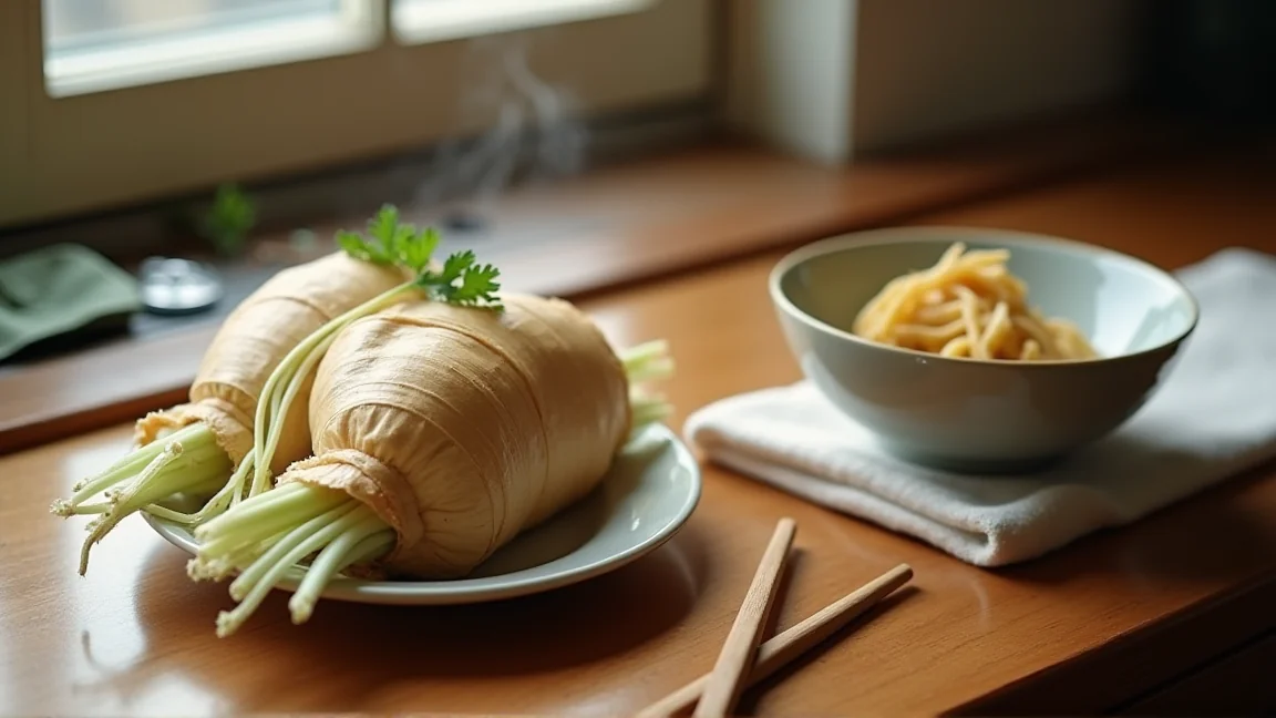 新聞紙に包んだごぼうと調理したきんぴらごぼうを並べたキッチン