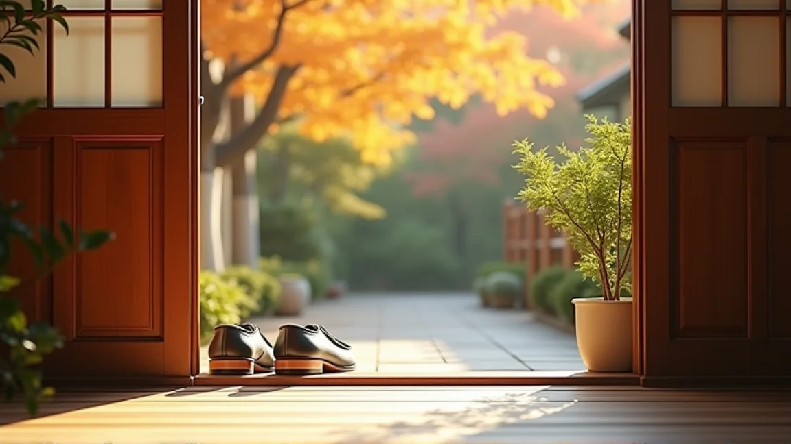 秋の朝に開けた玄関先と外の光