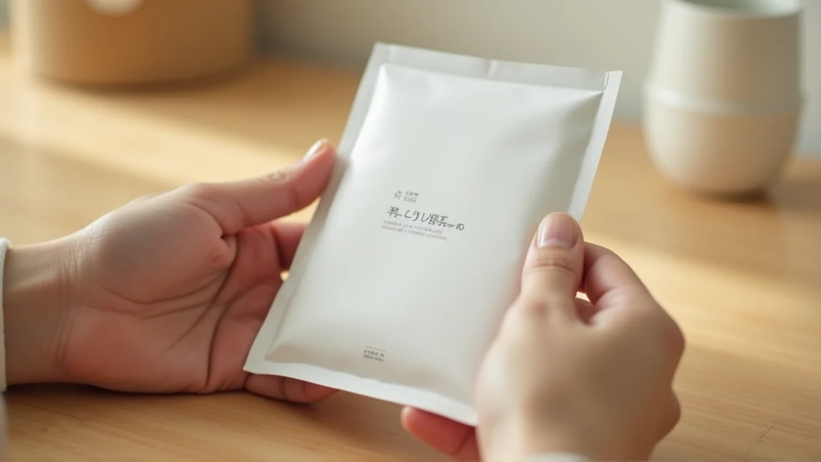 防虫剤のパッケージ裏の表示を確かめる手元