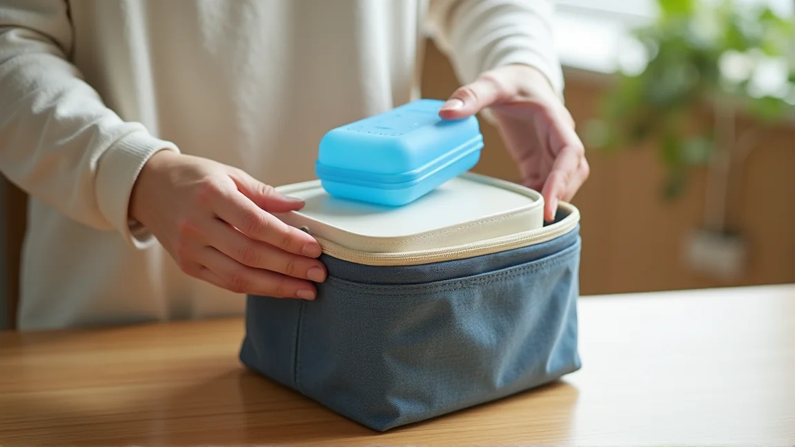 保冷剤を弁当箱の上にのせて保冷バッグに入れるところ