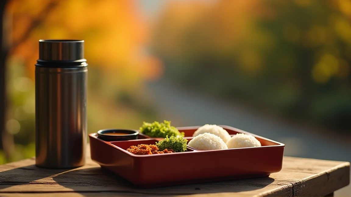 紅葉の下のベンチで開けた弁当箱と水筒