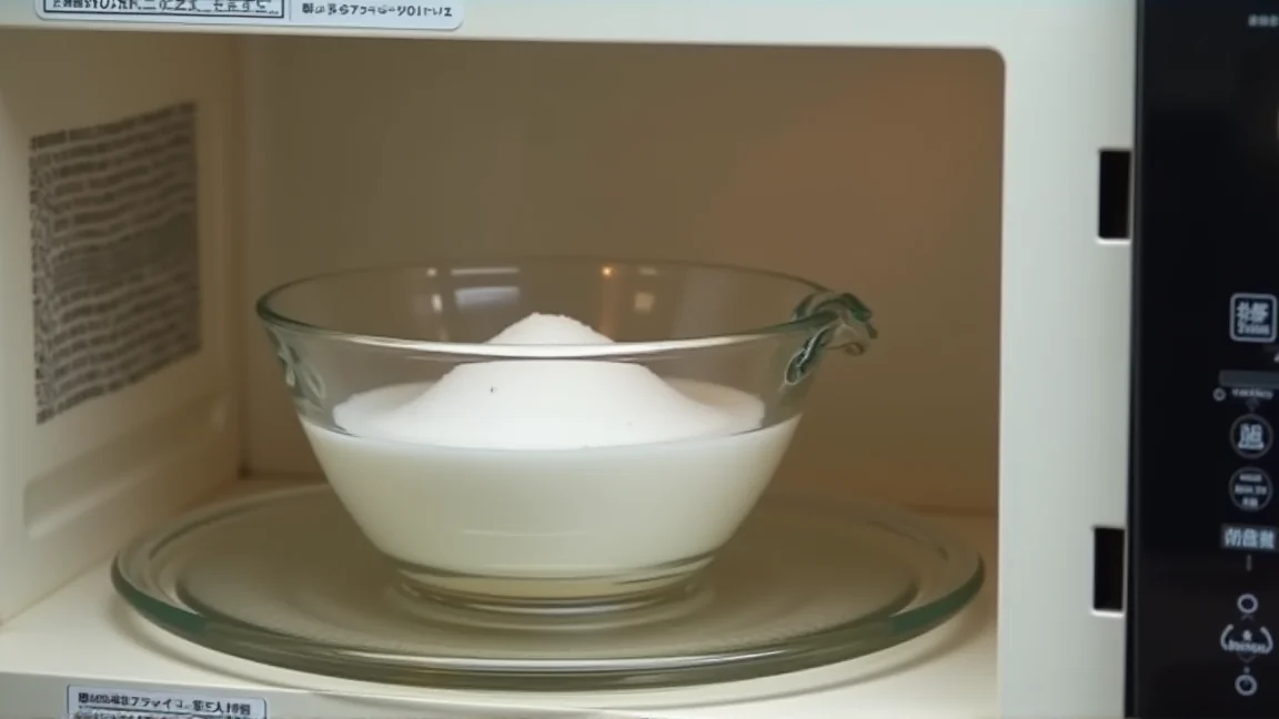 耐熱容器に重曹水を入れて電子レンジに入れる様子