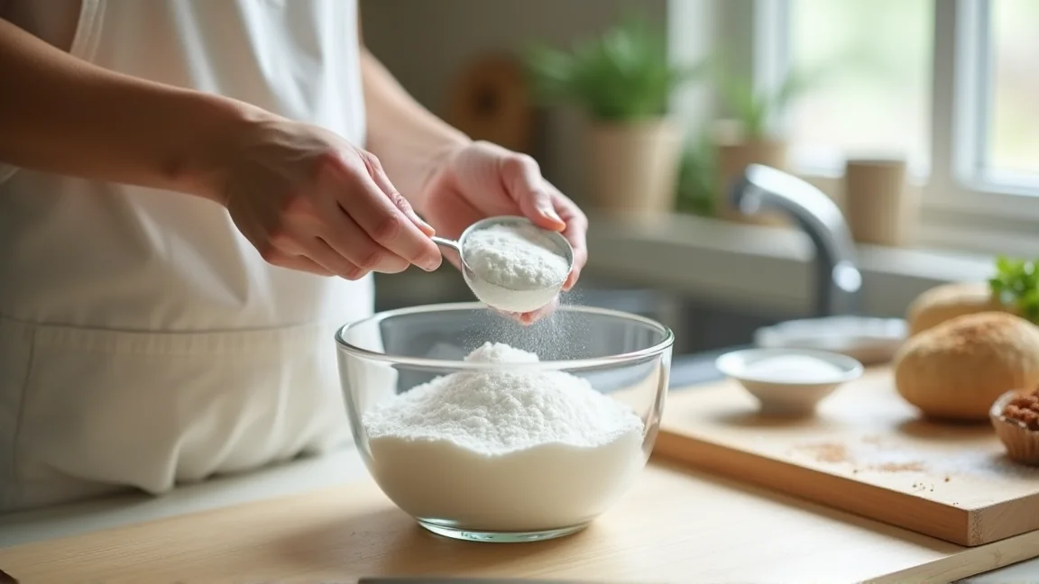 キッチンで重曹を計量スプーンですくう手元