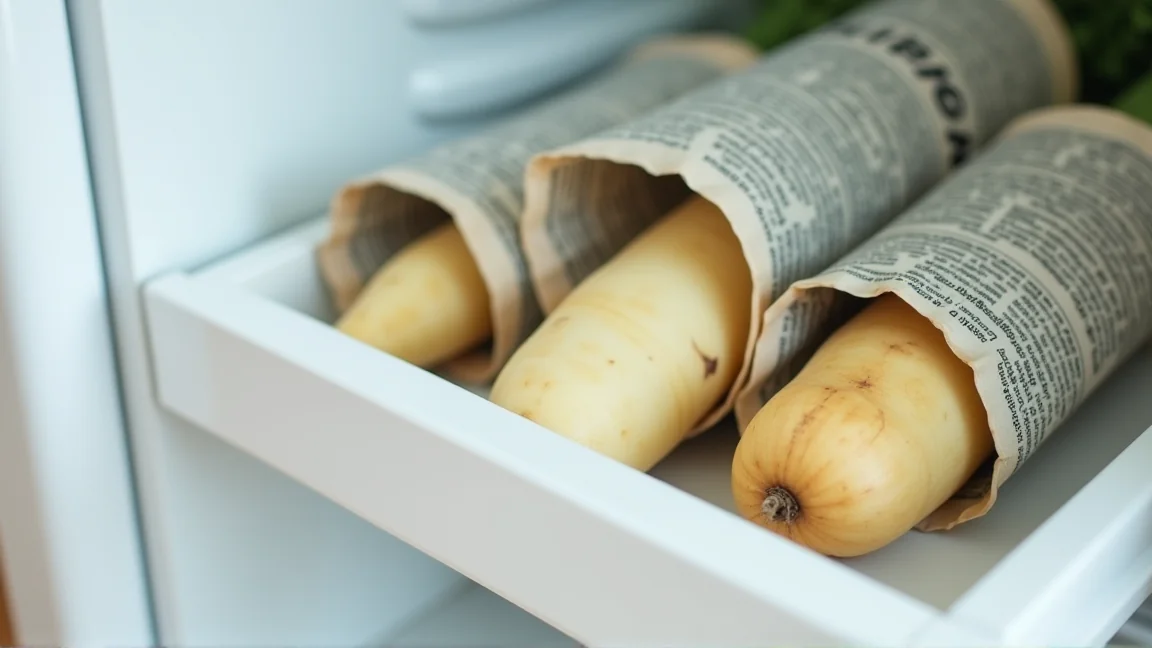 新聞紙で包んだ里芋を冷蔵庫の野菜室に並べて入れたところ