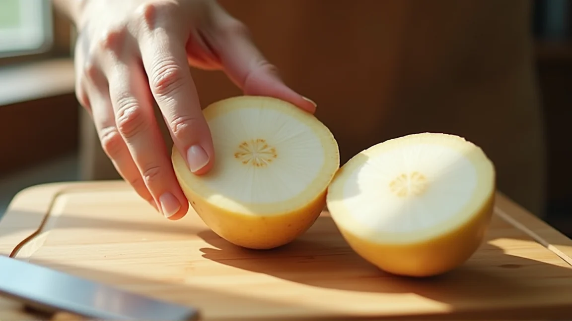 包丁で半分に切った里芋の断面を明かりにかざして確かめる手元