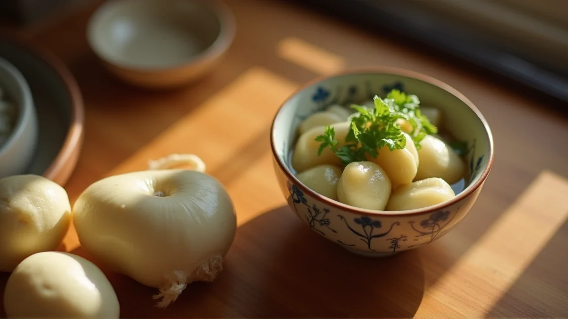 里芋の煮物と泥付きの里芋を並べた台所の風景