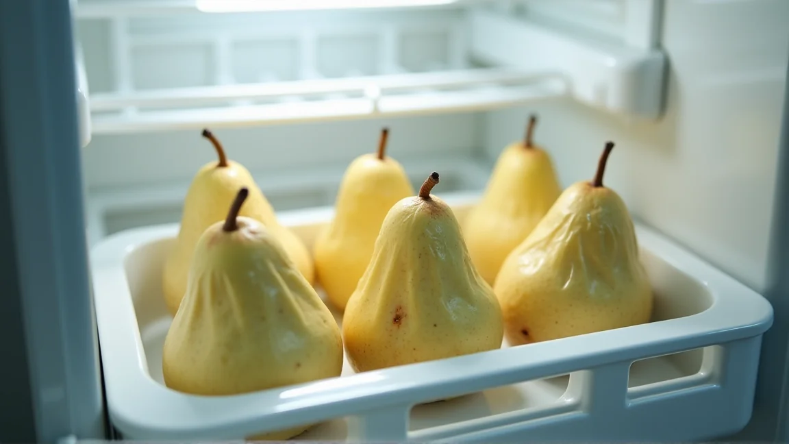冷蔵庫の野菜室に紙で包まれた梨が整然と並んでいる様子