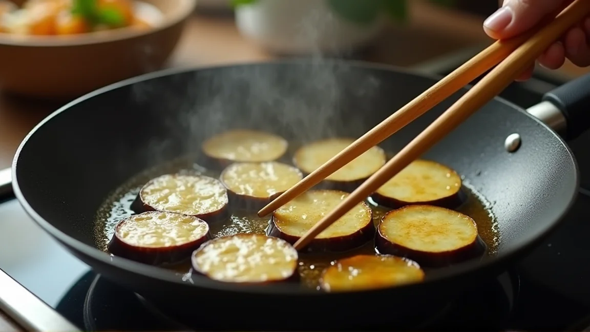 フライパンで油をからめたなすを焼いている様子