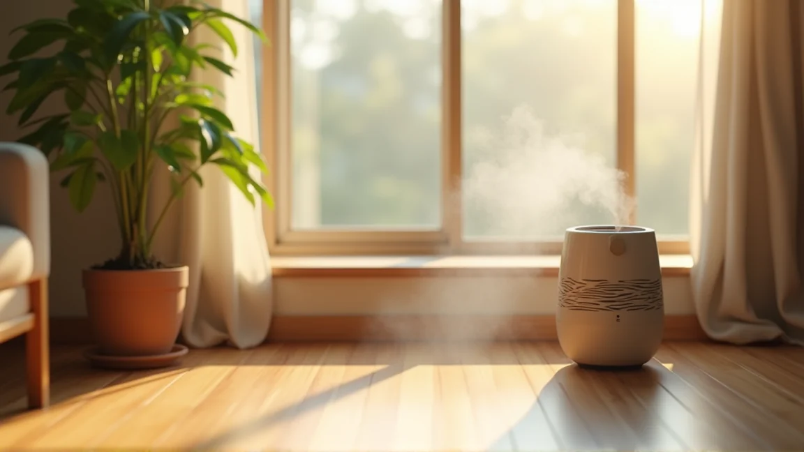 リビングに置かれた加湿器と観葉植物のある秋の室内