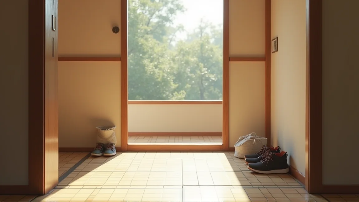 靴が並んだ日本の玄関のたたきと上がり框