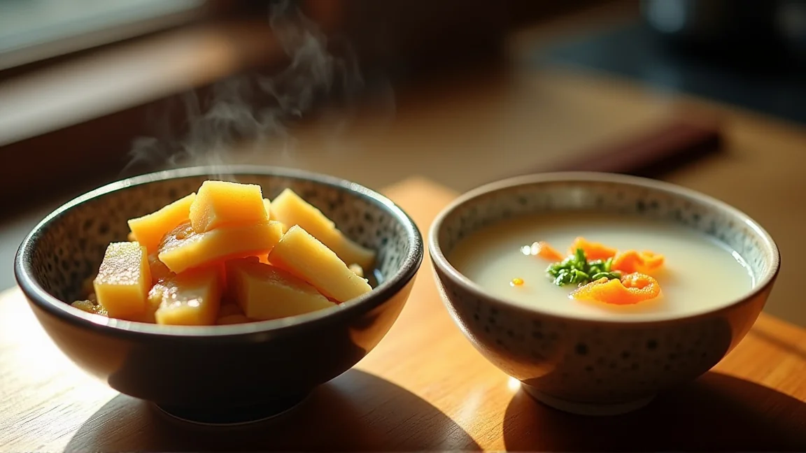 里芋の煮物と澄んだ汁物を並べた食卓
