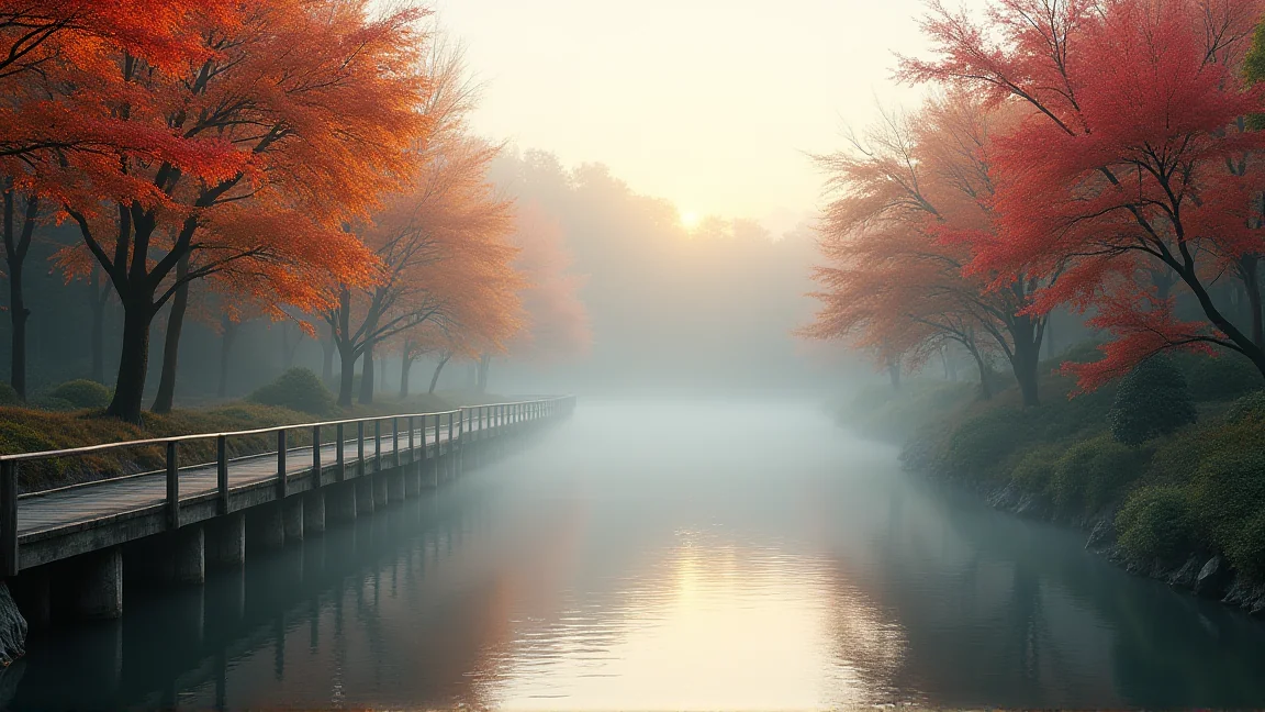 朝もやの残る渓谷に色づいた紅葉が広がる様子