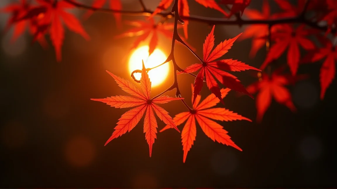 朝の光に透ける紅葉の葉のクローズアップ