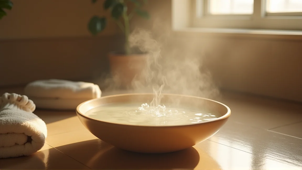 洗面器に張った足湯のお湯と、乾いた靴下とタオル