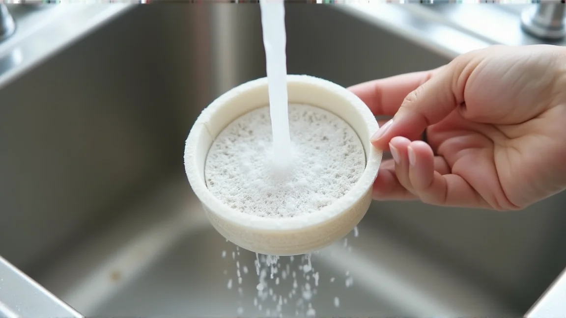 加湿器の気化フィルターを取り外して水ですすぐ様子