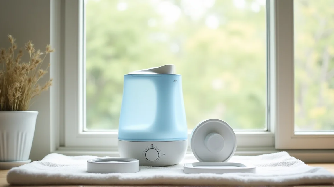 洗い終えた加湿器の部品をタオルの上に並べて乾かしている様子