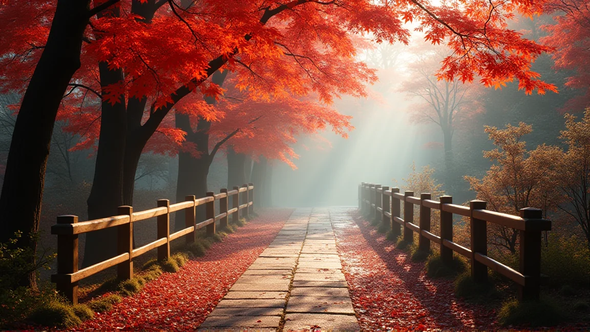 朝もやの残る山あいの遊歩道と紅葉