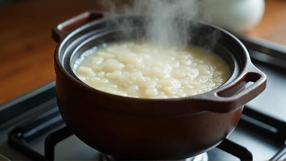 土鍋でおかゆを弱火で炊いているところ