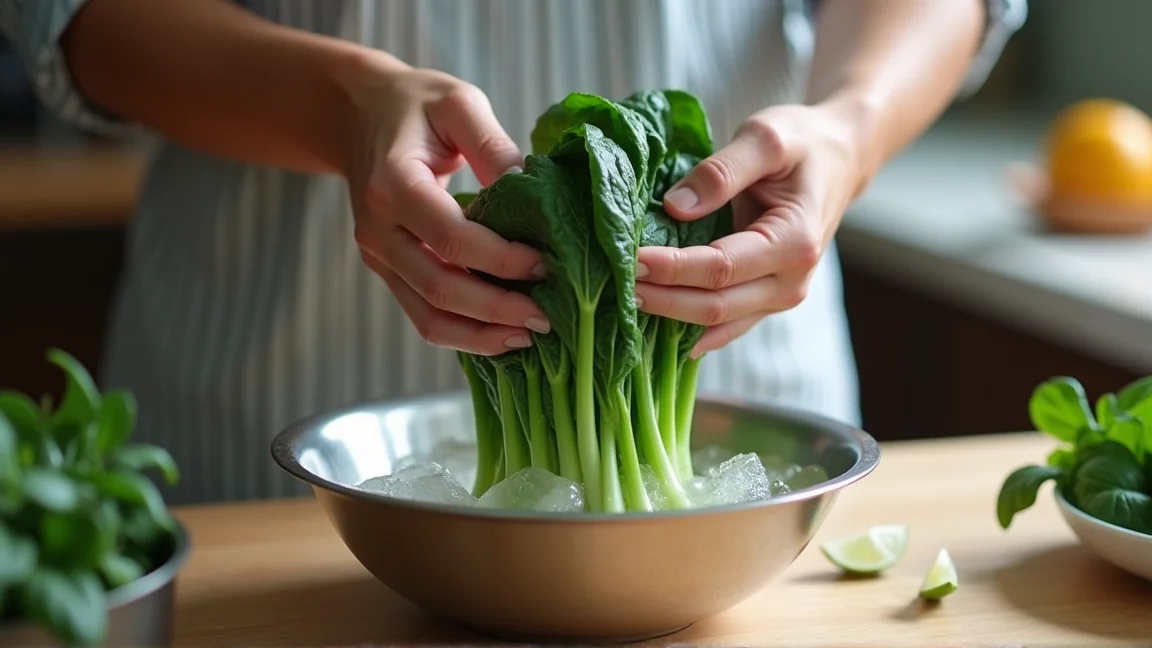 冷水にさらしたほうれん草を両手で絞る手元