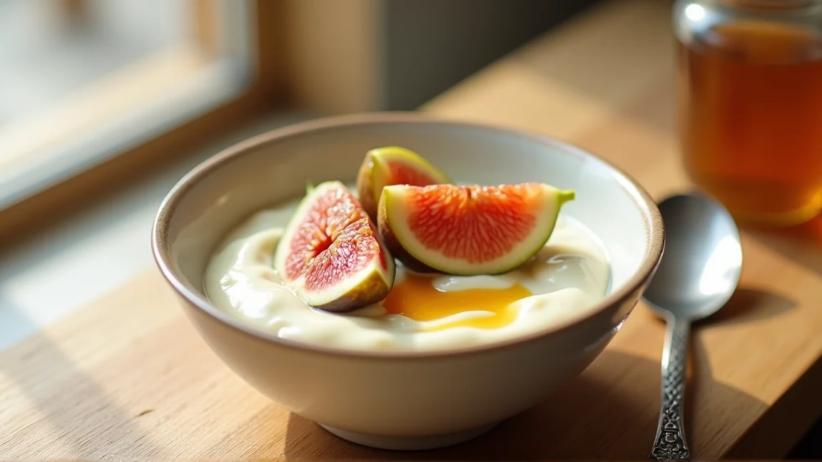 ヨーグルトに冷凍いちじくをのせた朝食