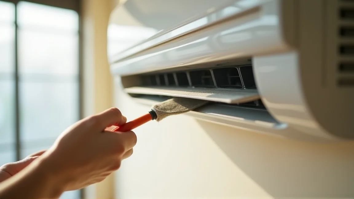 エアコンのフィルターを外して掃除機でホコリを吸い取る手元