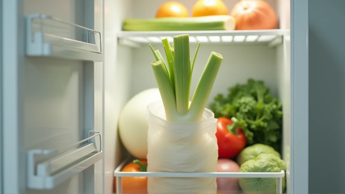 湿らせた新聞紙で包んだ大根を冷蔵庫の野菜室に立てて入れたところ