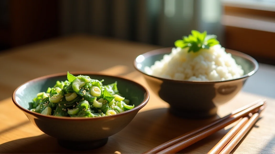大根の葉のふりかけとごま油炒めを小鉢に盛った食卓