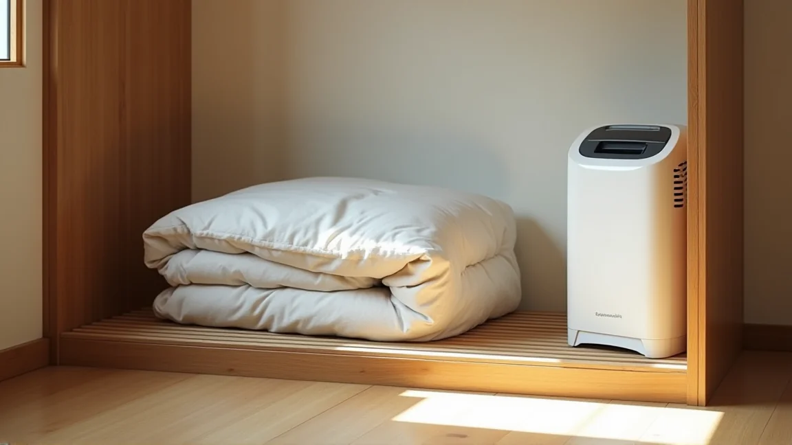 押し入れにすのこを敷いて通気を確保して収納された羽毛布団と除湿剤