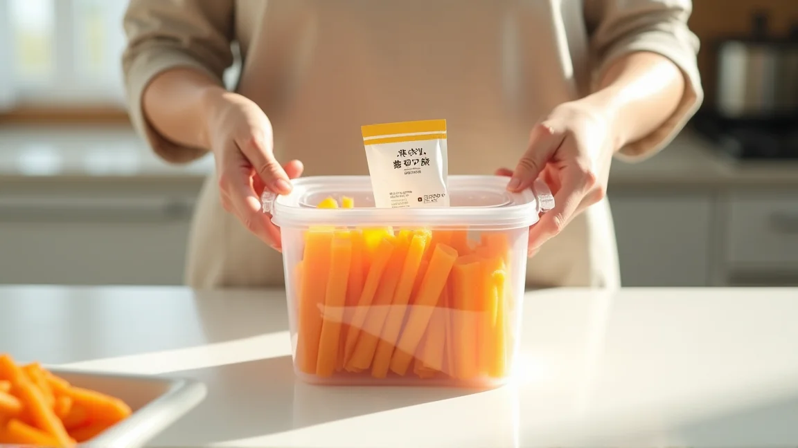 密閉容器に移した芋けんぴと食品用乾燥剤を並べたキッチンの様子