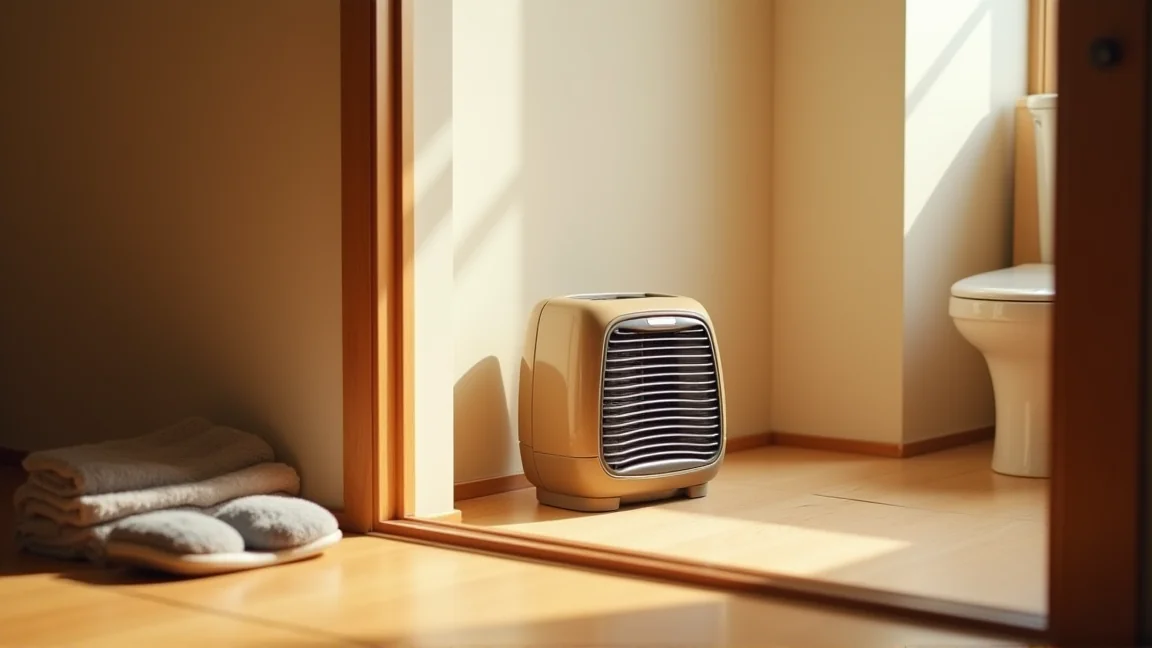 脱衣所の足元に置かれた小型ヒーターとタオル