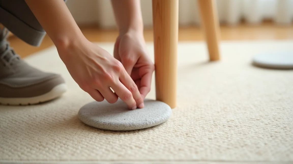 家具の脚に貼ったフェルトで凹みを予防する様子