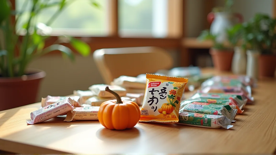 個包装のお菓子をテーブルに並べて仕分けする様子