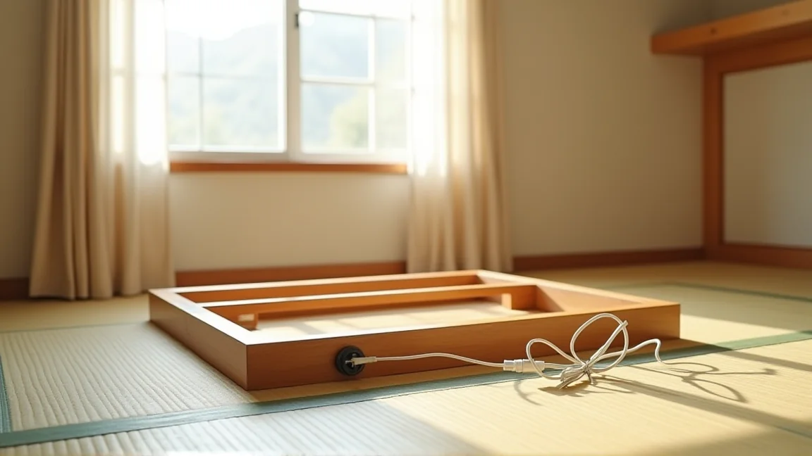 収納から出したこたつ本体と、床に置かれた電源プラグ
