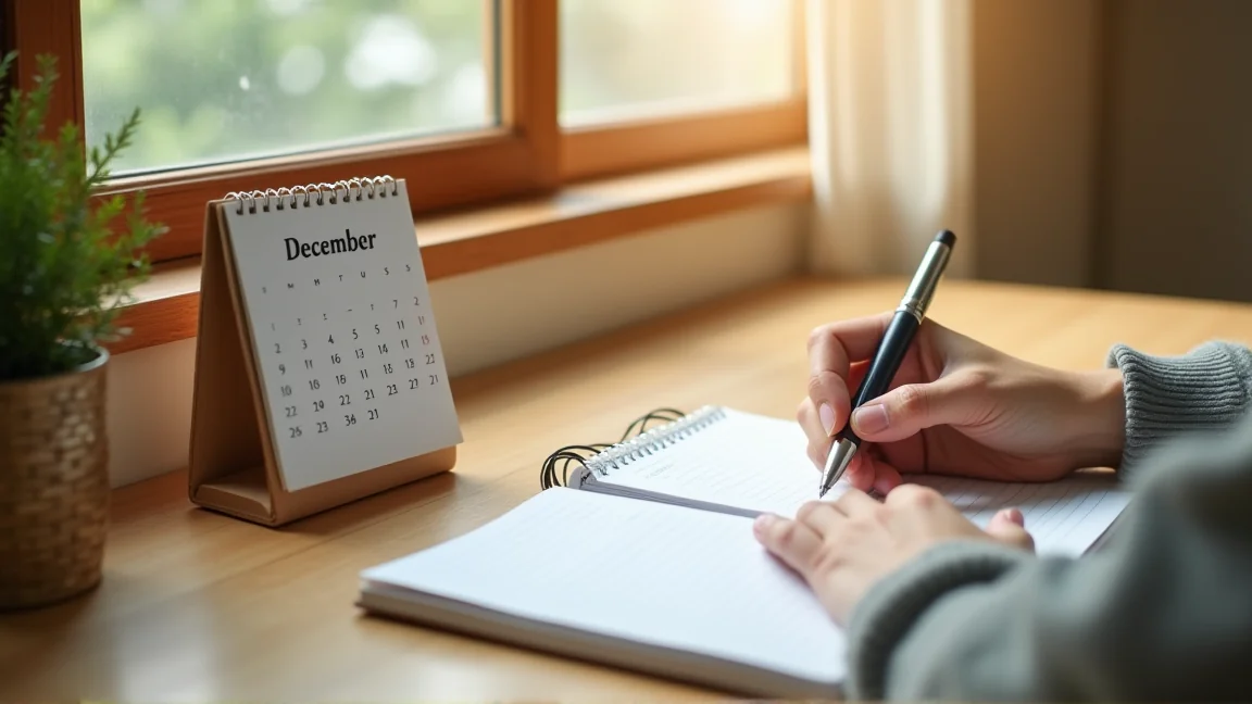 12月の卓上カレンダーと手帳に予定を書き込む手元