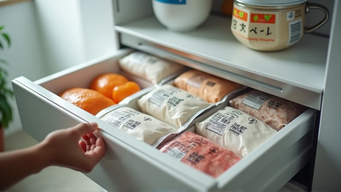 冷凍庫に食品を整理して入れている手元